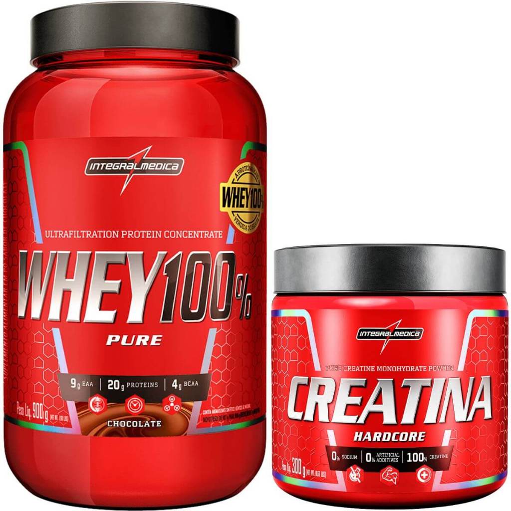 Whey Protein Concentrado Chocolate Pote 900g + Creatina Hardcore 300g - Integralmédica