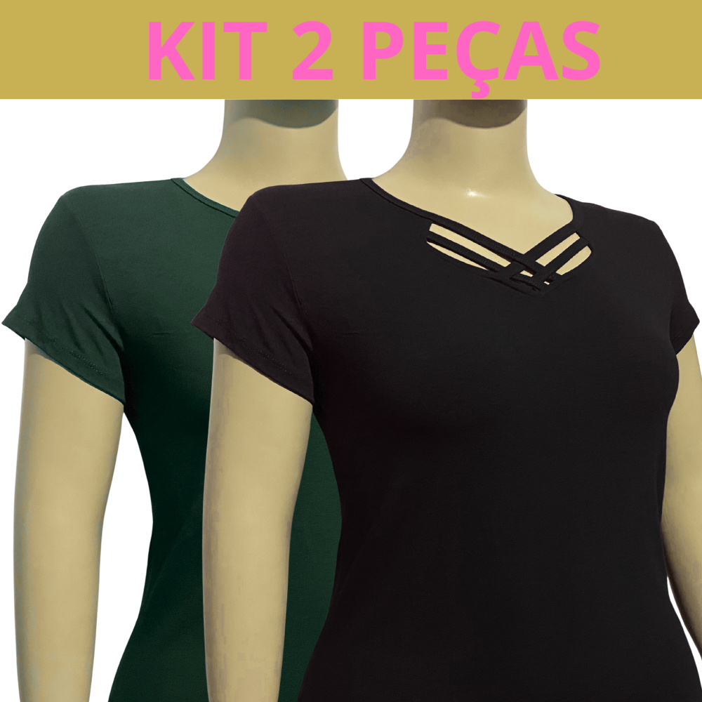 Kit 2 Blusas de Malha Viscolycra Feminina Decote em Tiras | T-Shirt Básica Lisa em Oferta na Shopee