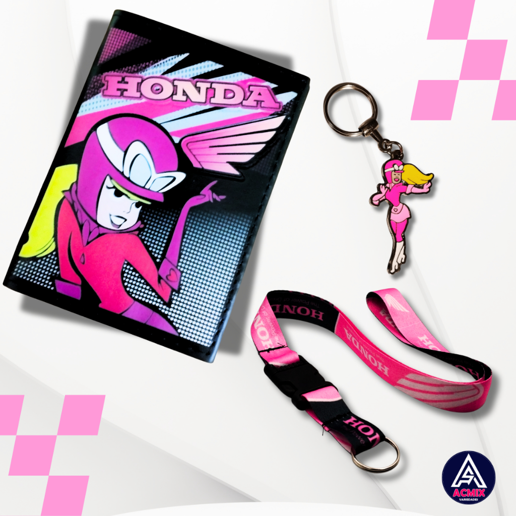Kit Carteira Porta Documentos Moto Honda Penélope + Cordão Rosa com Engate Rápido + Chaveiro de Metal Penélope Rosa em Oferta na Shopee