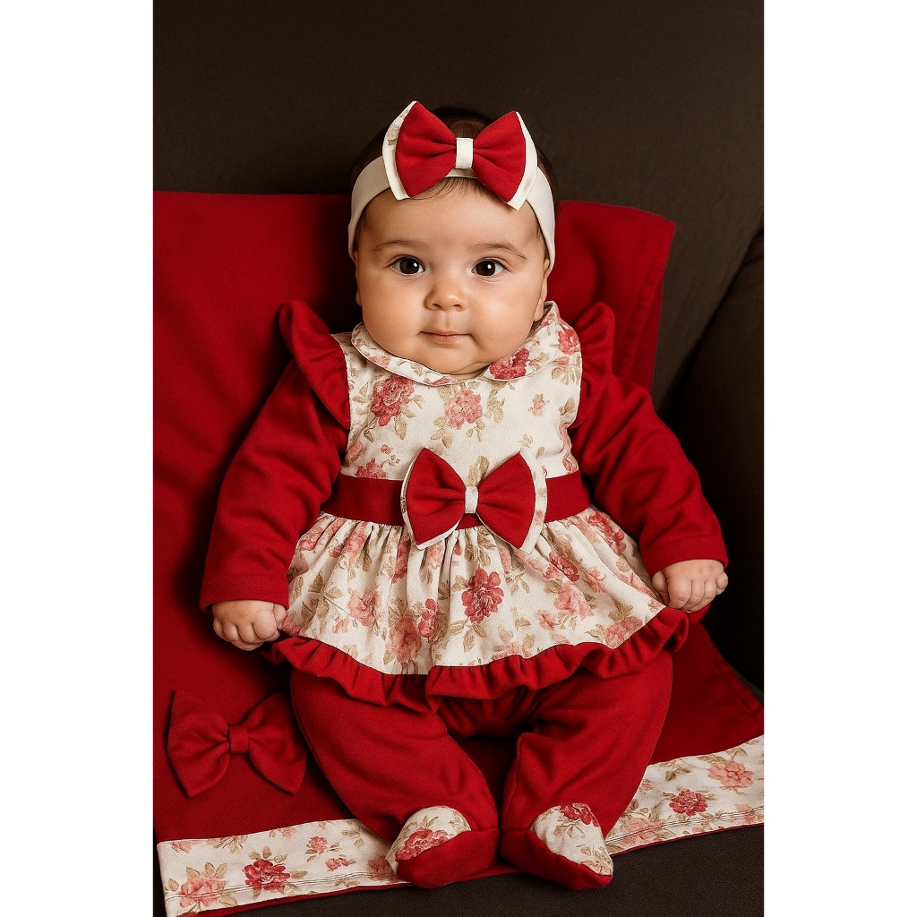 Saida de Maternidade com Vestido Floral Para Bebe Menina com Vestido  Pompom 05 peças Roupa de Bebe