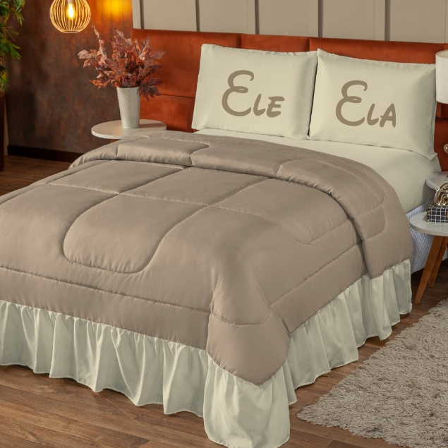 Kit Ele e Ela Edredom, Porta Travesseiro, Fronha e Lençol 6 Peças Ternura