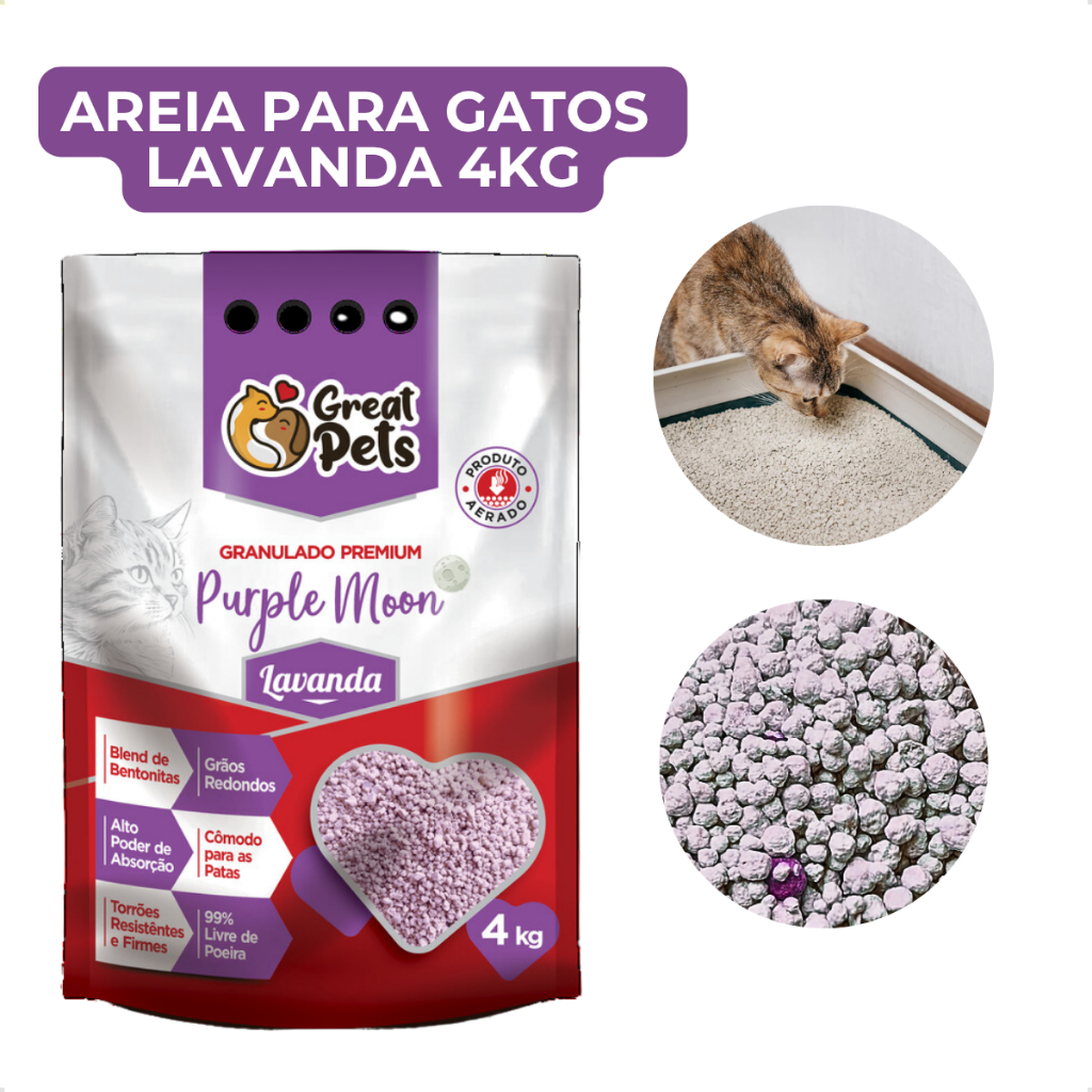Areia Para Gato Biodegradável Puple Moon Granulado Fragância Lavanda Great Pets 4kg em Oferta na Shopee