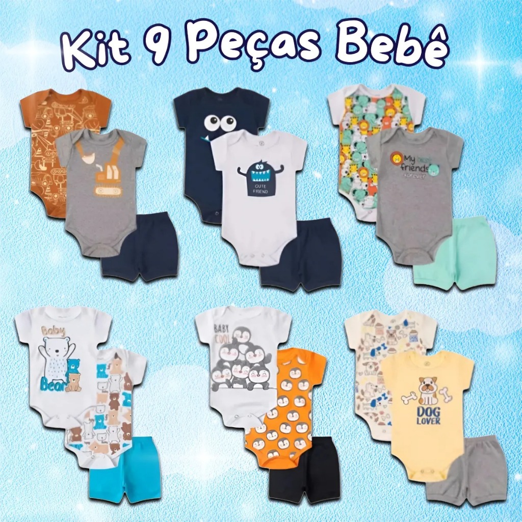 Kit Roupa Bebê Body 9 Peças Menino Kits de 3 Peças Verão Infantil Manga Curta (Ideal para presente)