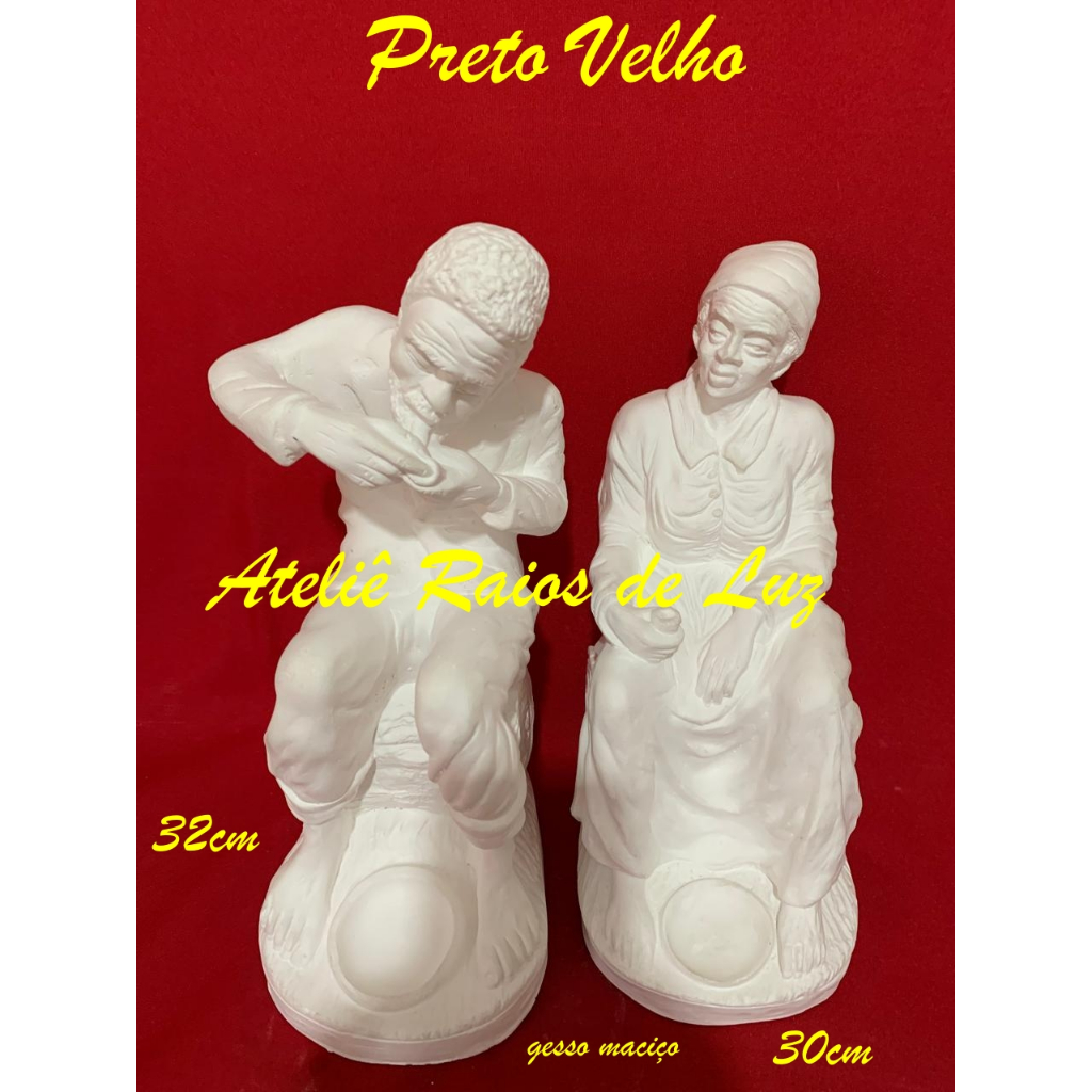 Casal de Preto Velho (Vovô 32cm e Vovó 30cm) – Escultura de Gesso Cru – Umbanda e Candomblé