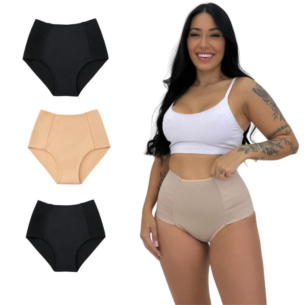 Kit 5 Calcinhas Cinta Modeladora Galena Cós Alto Moda Íntima Feminina Lingerie Conforto Estilo