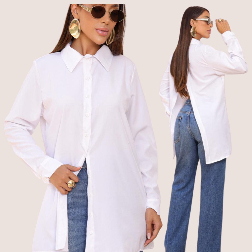Camisa Feminina  Oversized No Crepe Com Recortes nas Costas Estilo Casual Sofisticado Verão Férias Trabalho