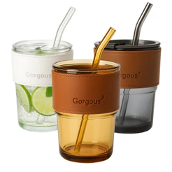Copo de Vidro Com Canudo 400ml Coldre Couro Cozinha Decoração Drink Chá Bebidas