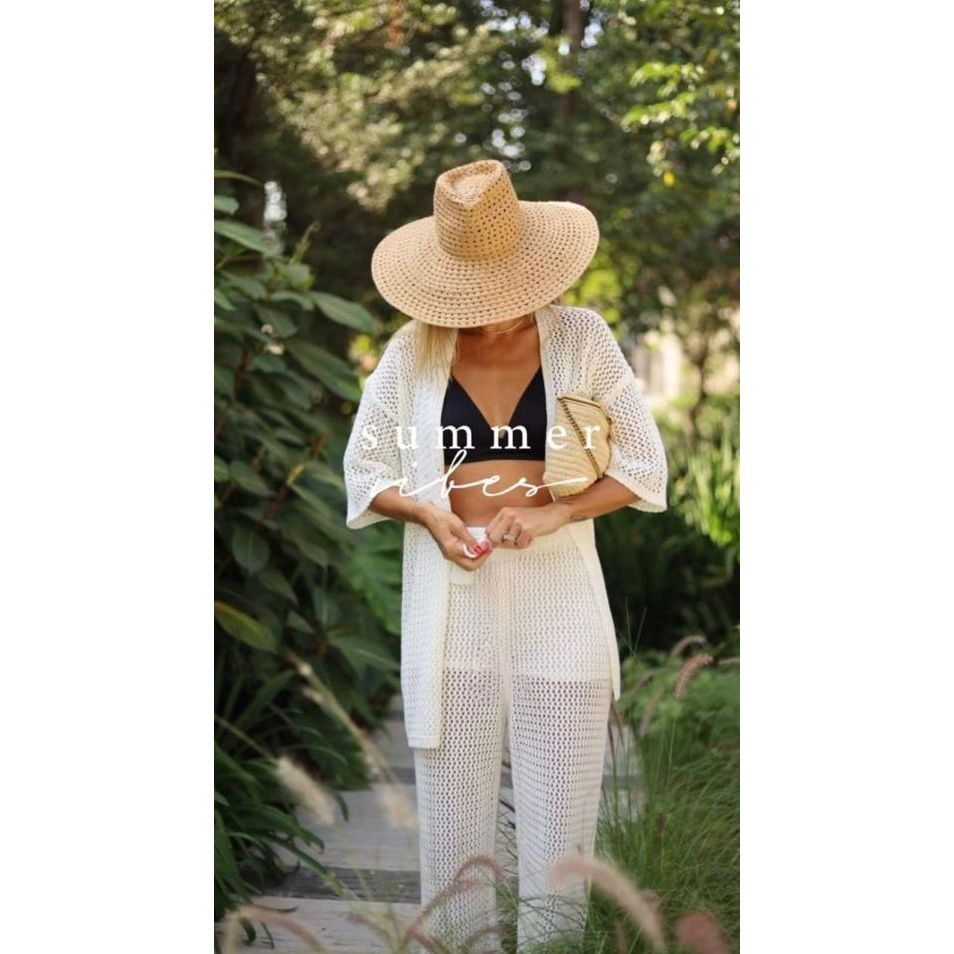 Conjunto saída de banho camisa kimono aberto calça reta cordão moda praia verão boho chic
