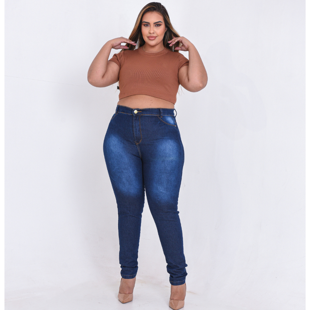 Calças Jeans Femininas Plus Size Cintura Alta Até o Umbigo Lycra em Oferta na Shopee