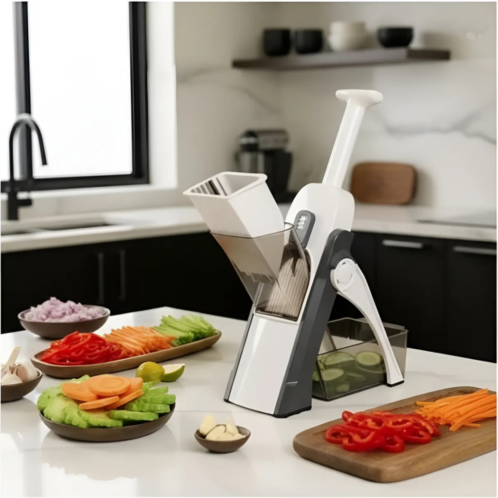 Cortador Fatiador Ralador de Alimentos Frutas Verduras Legumes Guilhotina Manual Recipiente