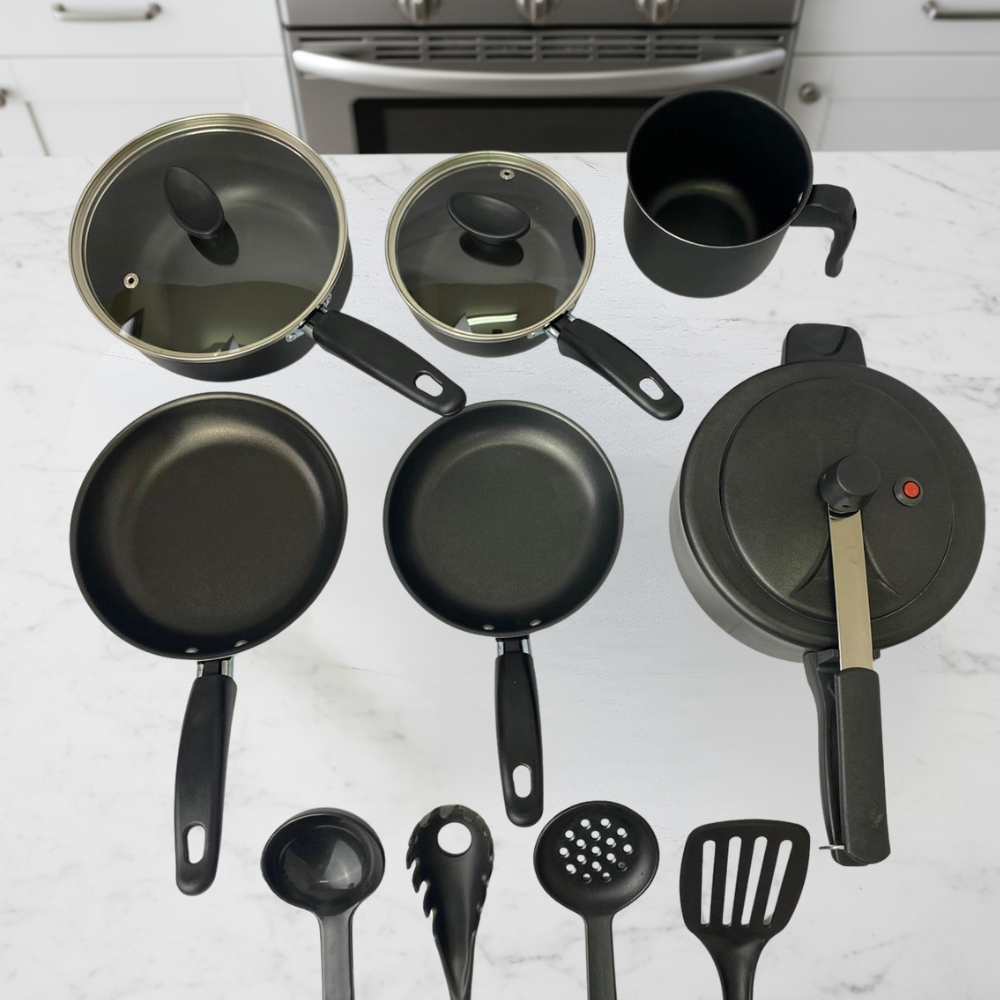 Jogo de Panelas 10 peças-Antiaderente com Panela de pressão+ Utensílios de cozinha - Preto e Cereja
