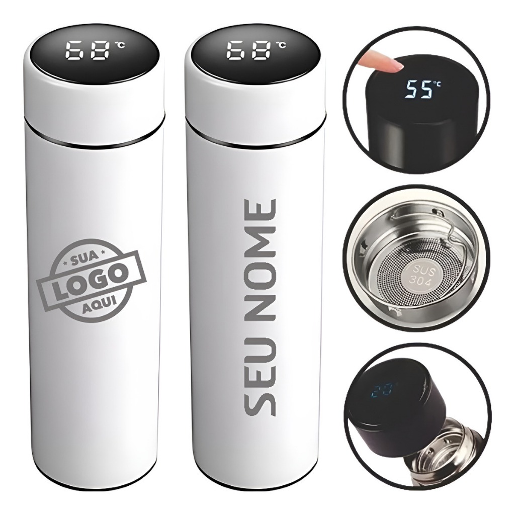 Kit 50 Garrafas Térmicas BRANCA 500ml Inox com LED Digital Personalização Ideal pra Empresas Drogaria Farmacia Hospital