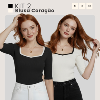 Kit C/ 02 Blusas Femininas Decote Coração Manga 3/4 Tecido Anarruga Premium M ao GG em Oferta na Shopee