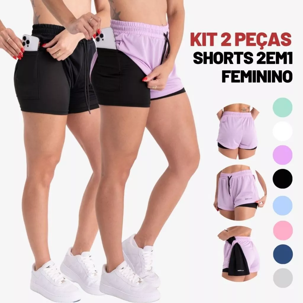 Kit 2 Shorts 2 em 1 Feminino Dryfit Bermuda Dupla Para Treino Academia Caminhada e Outros Esportes — imagem 1