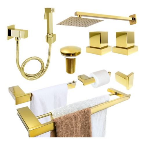 Kit Acessórios Banheiro Dourado Aço Inox + Ducha Chuveiro 20x20 + Ducha Higiênica + Válvula Click