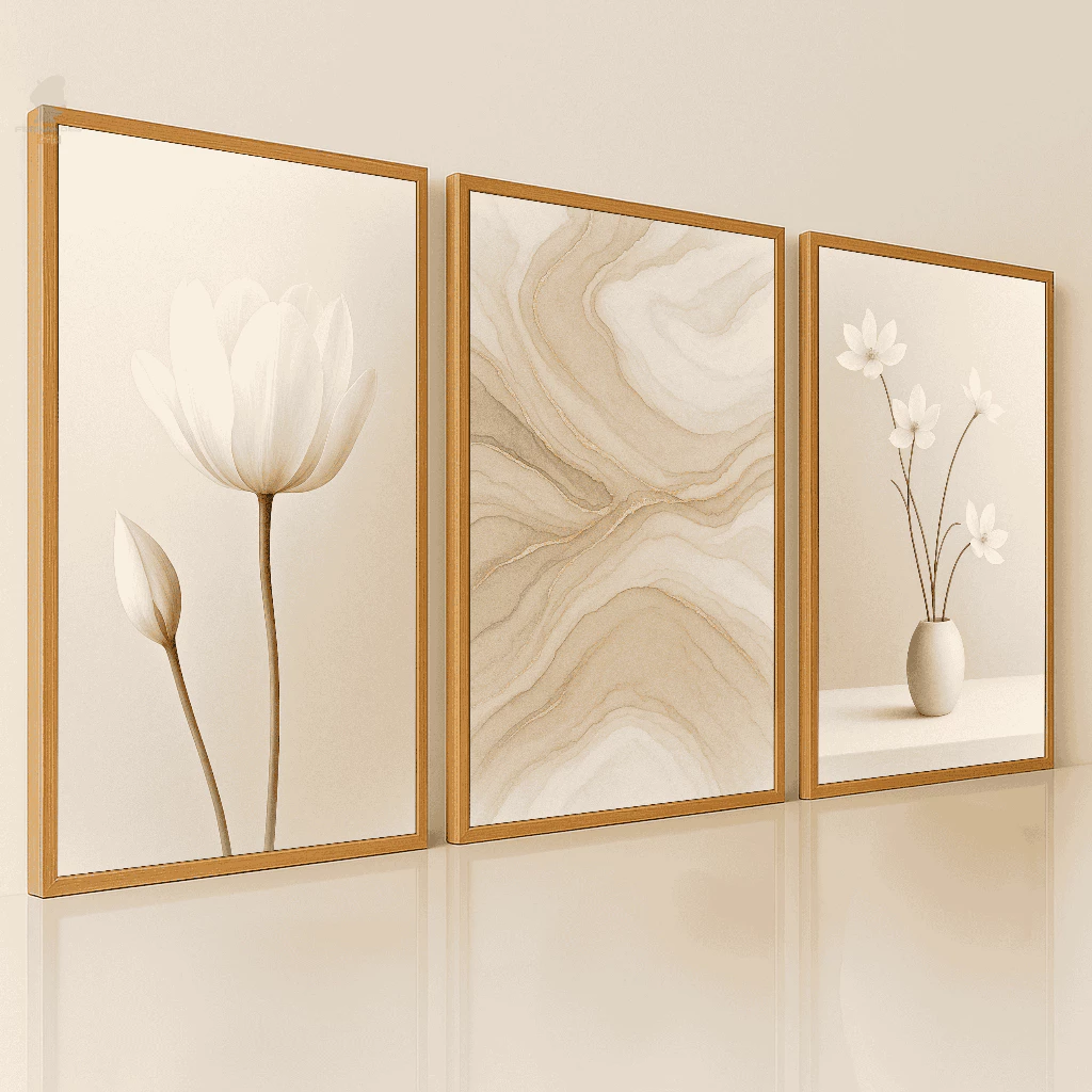 Quadros Decorativos Trio Minimalistas Flor e Mármore Bege Clean Sala Quarto — imagem 1
