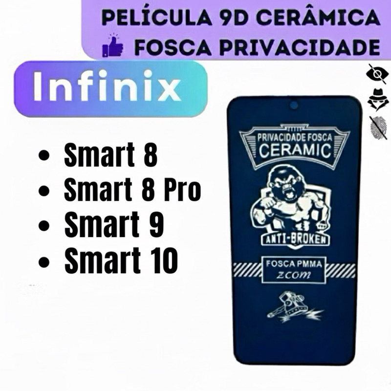 Película Cerâmica Fosca Privacidade para Infinix Smart 9 10 8 Pro Smart8 Pro Smart9 Smart10 em Oferta na Shopee