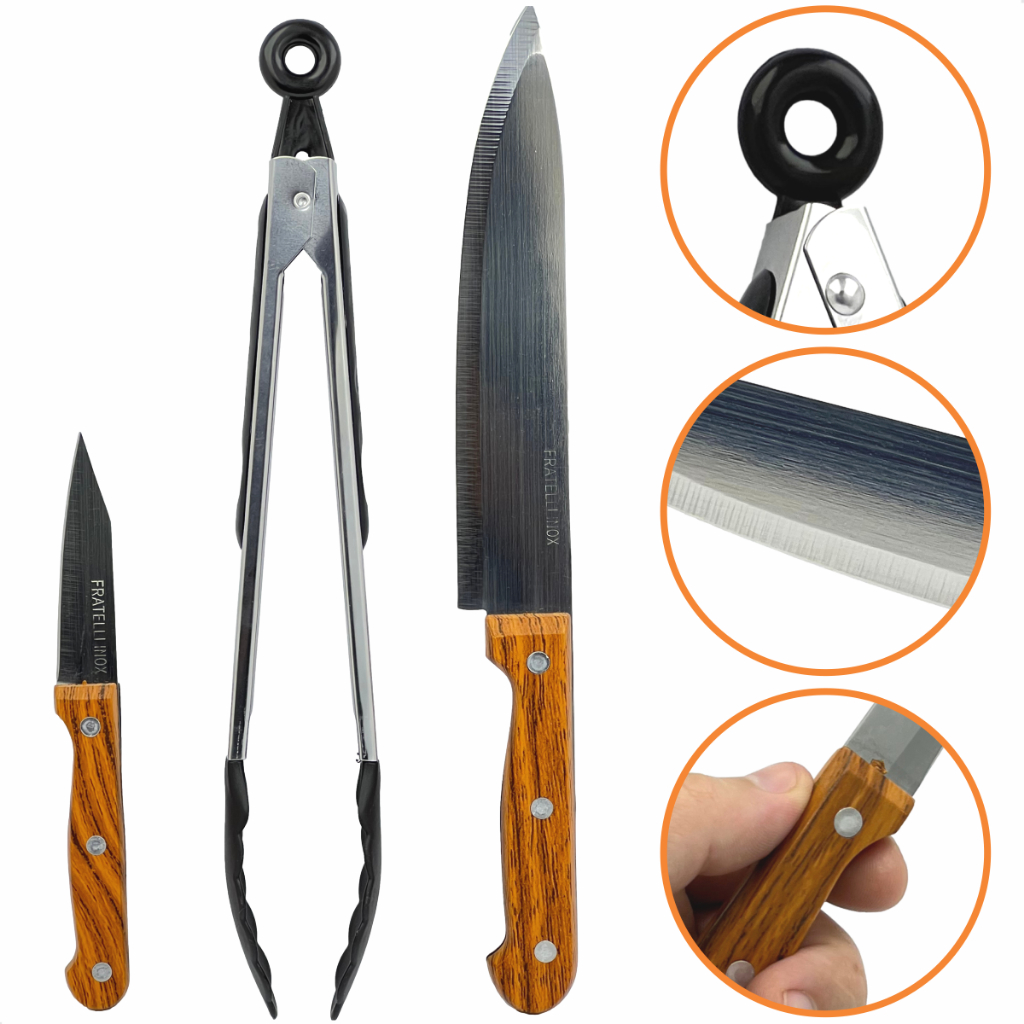 Kit Churrasco Faca De Corte Grande Pegador Faca Pequena Aço Inox Cabo Madeira 3 Peças