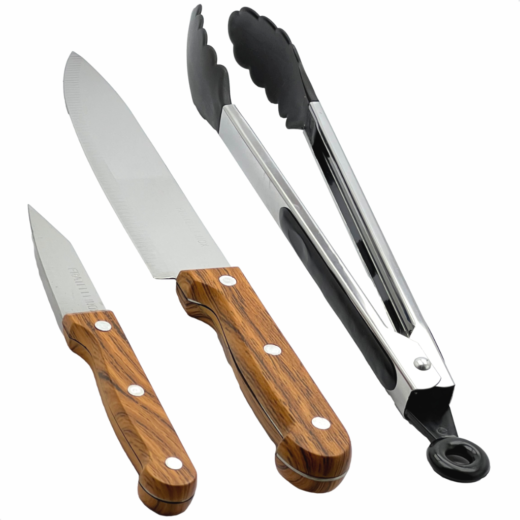 Kit Churrasco Faca Corte Grande Pegador De Carne Faca Desossa Pequena Aço Inox Cabo Madeira 3 Peças