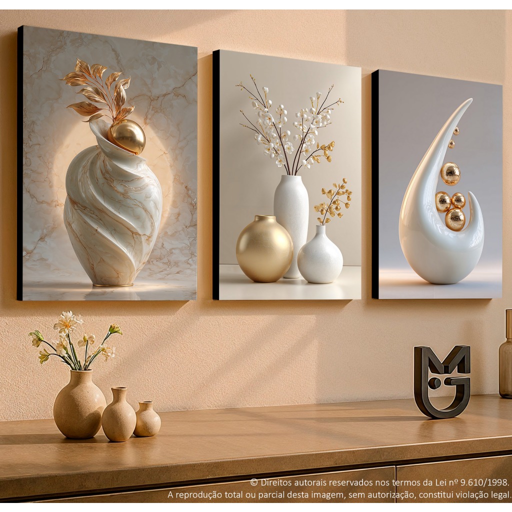 Quadros Decorativos Vasos Dourados e Brancos Modernos Trio Sala Quarto