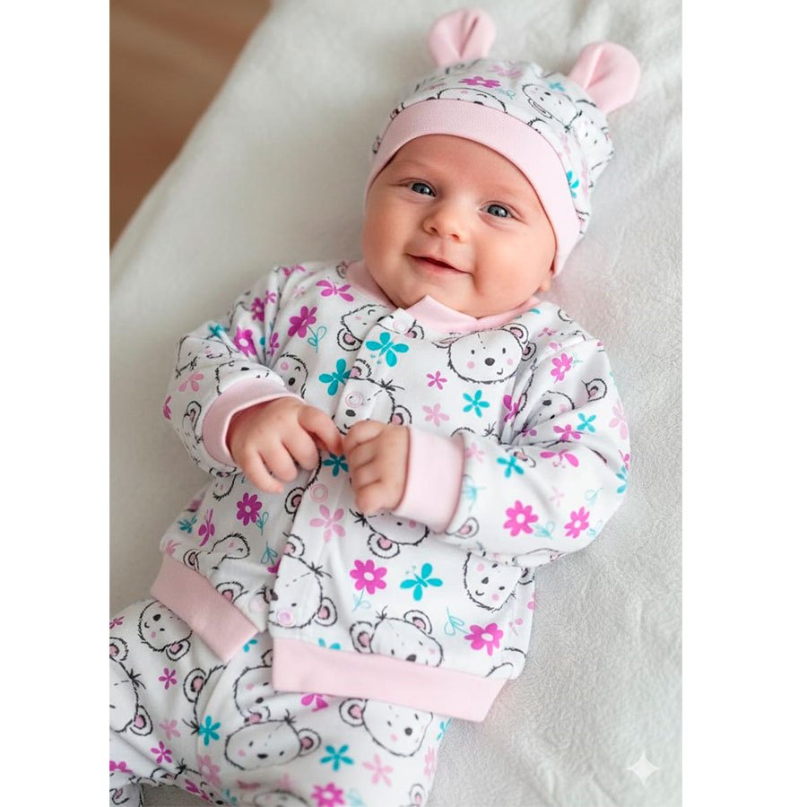 Conjunto Bebê Menina Menino Pijaminha Casaquinho com Mijão + Touca Rosa e Azul