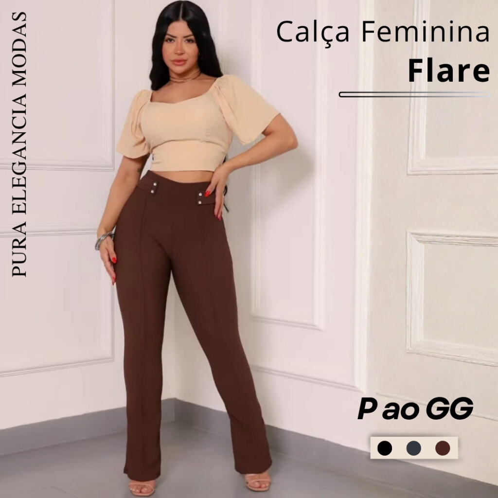 Calça feminina Flare conforto Elegancia Com Bolso e 4 Botes em Oferta na Shopee