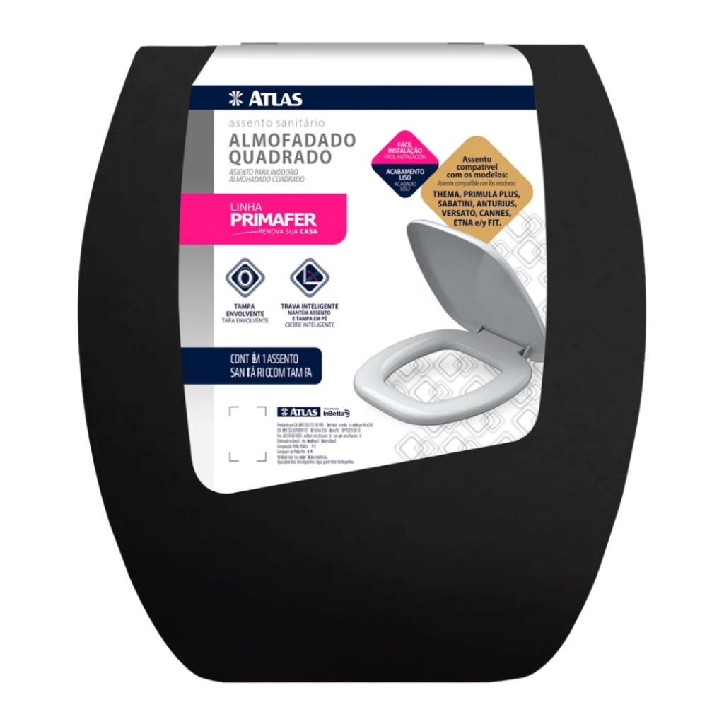 Tampa Assento Sanitário Almofadado Quadrado Preto Atlas
