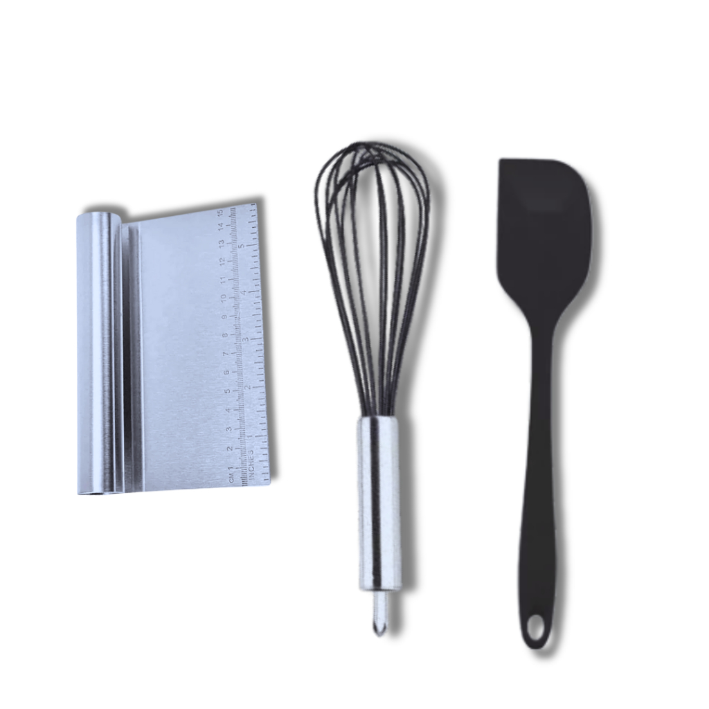 ESPÁTULA TUBULAR INOX, FUET E ESPÁTULA PÃO DURO – KIT 3 PEÇAS KIKA UTILIDADES
