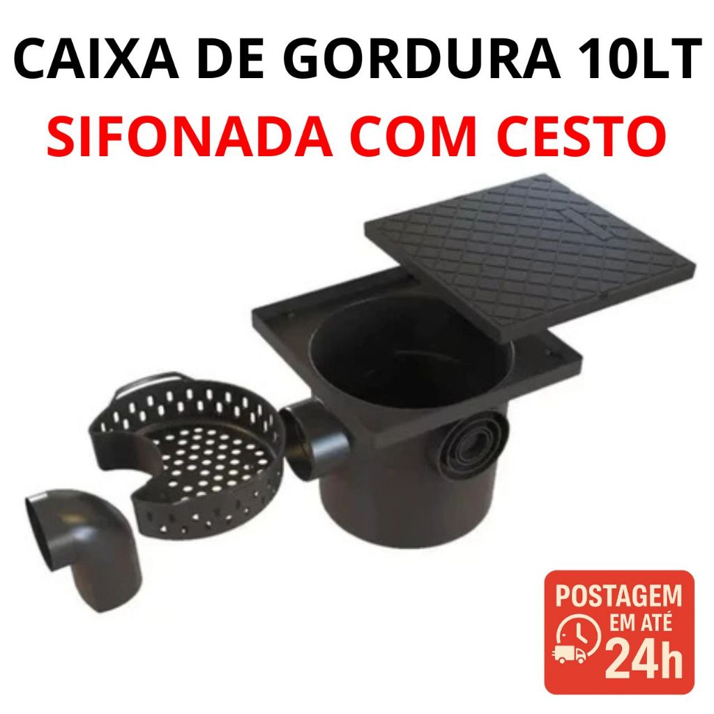 Caixa de Gordura Reforçada 200KG Sifonada Preta 10 Litros C/ Cesto Bragioni