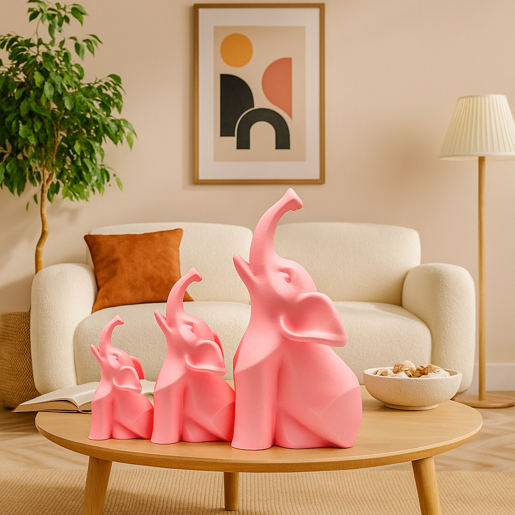 Conjunto 3 Elefante Roma Decoração Rosa Estatueta Decorativa de Ambientes Enfeite Presente