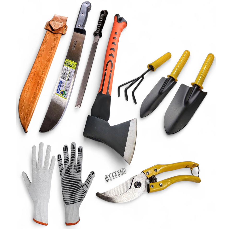 Kit completo jardinagem mato galho facão ancinho machadinha lima afiar tesoura para poda 2 pázinha