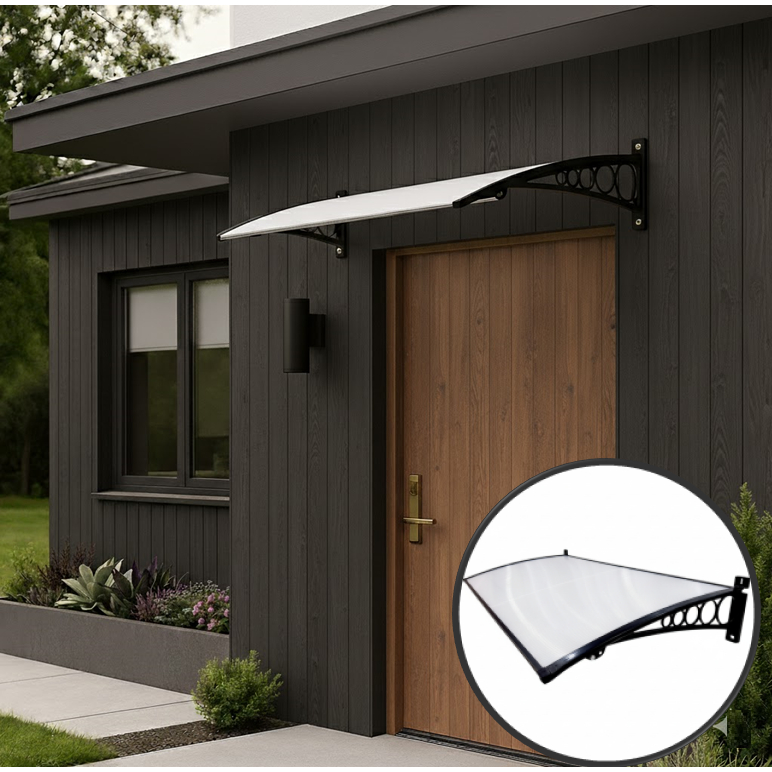 Toldo Policarbonato 1,00x0,50m Slim Suporte ABS Proteção UV Contra Sol e Chuva P/ Portas e Janelas