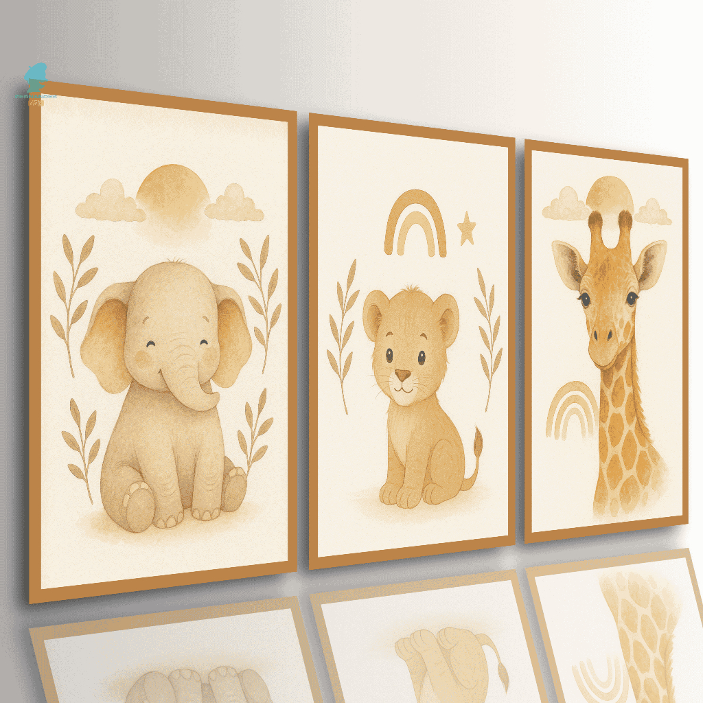 Quadros Decorativos Infantis Safari Aquarela Trio Animais Neutros Quarto Bebê