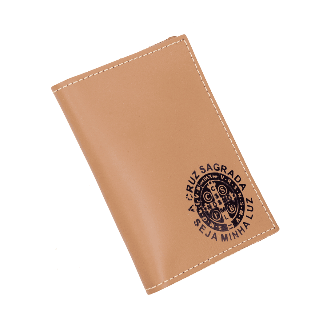 Carteira Masculina Medalha São Bento Cruz Sagrada Em Couro Legitímo