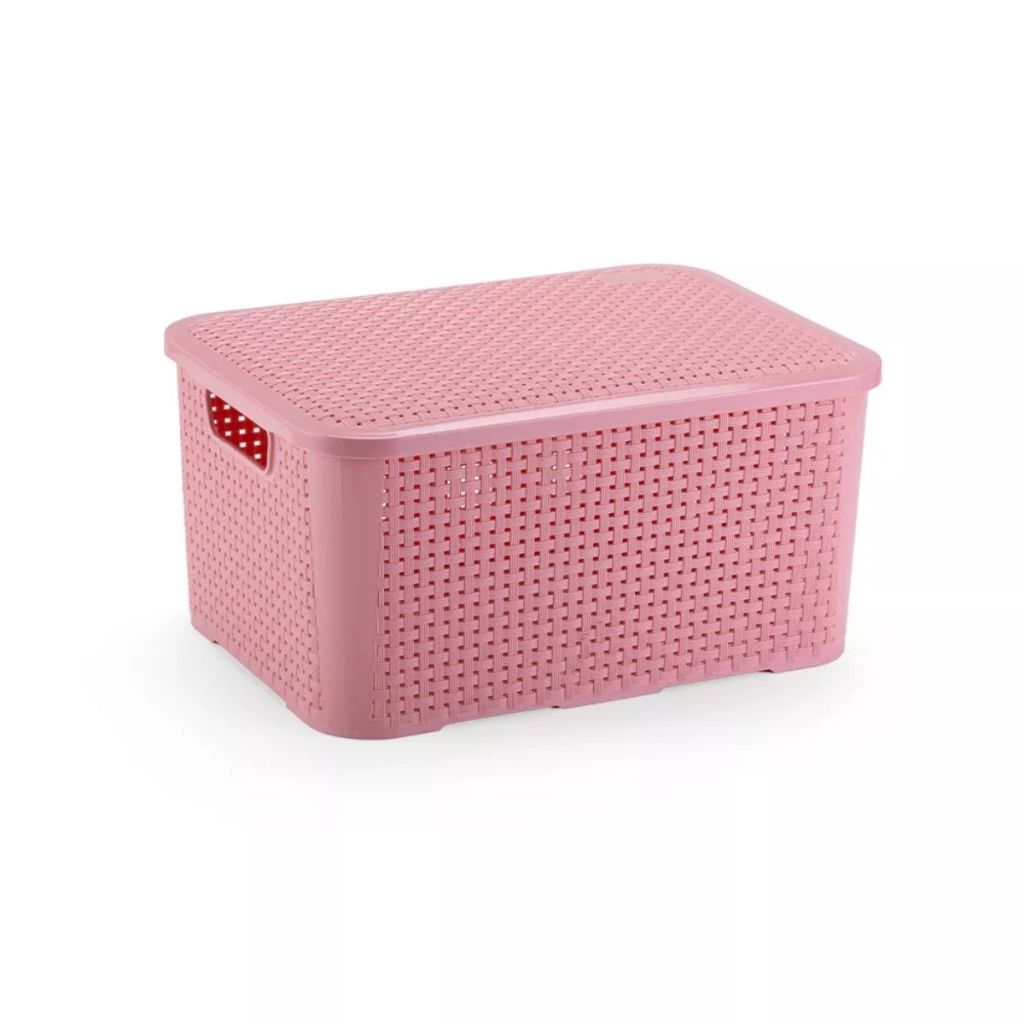 Caixa Cesto Organizador Rosa com Tampa Rattan 18 Litros Resistente