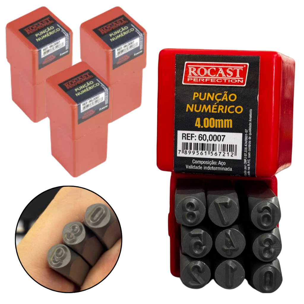 Kit 3 Jogo Punção Numérico 4mm 9 Peças para Marcar Metal Aço Madeira Couro