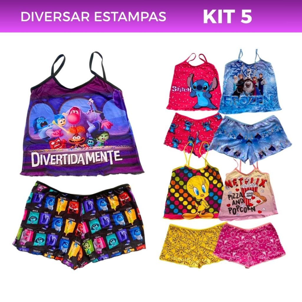 Kit 5 Conjunto BabyDoll Infantil Personagens Infantis Blusa e Short Menina Básico Estampado Pijama