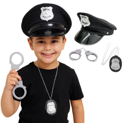 Fantasia De Policial Infantil Acessórios Completo Kit 3pçs Algemas, Quepe E Distintivo