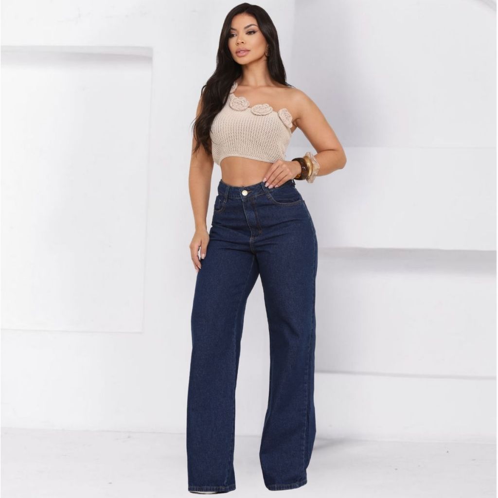 Calça Jeans Wide Leg Pantalona Feminina Cós Alto Perna Larga Lavagem Escura Premium Verão 100%