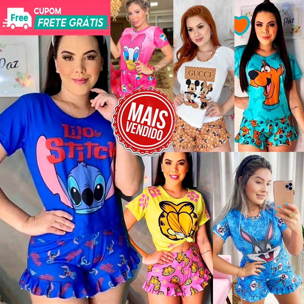 Pijama Verão Blusinha com Shorts Baby Doll Luxo Personagens