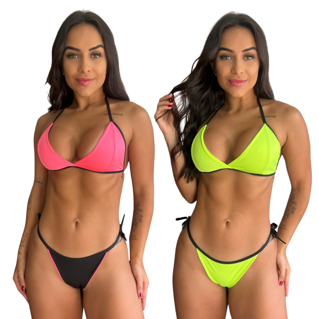 Kit 2 Biquinis Feminino Cortininha e Calcinha Fio Dental de Amarrar Lynda Neon Conjunto Moda Praia Piscina Verão 2026
