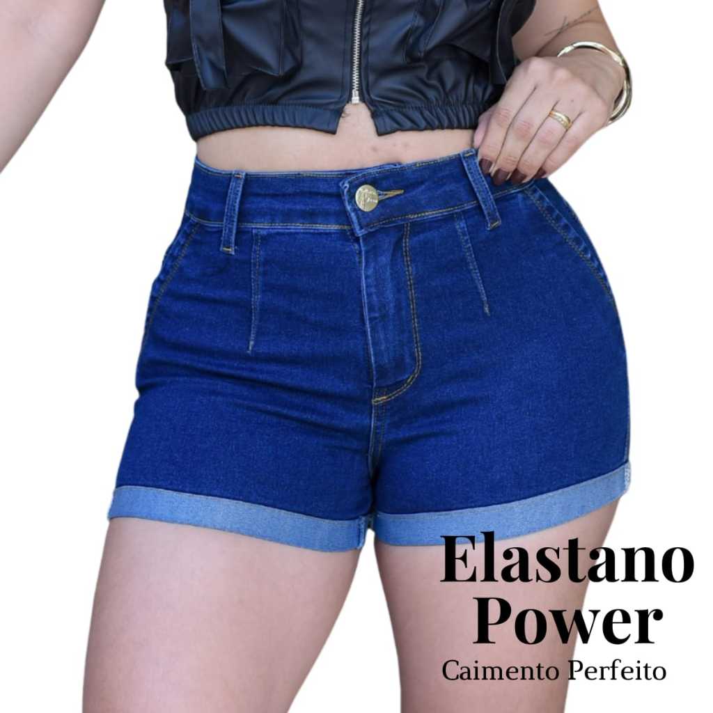 Short Jeans Feminino BLUE PREMIUM – com Elastano Power, Pinças Modeladoras e Barra Dobrada