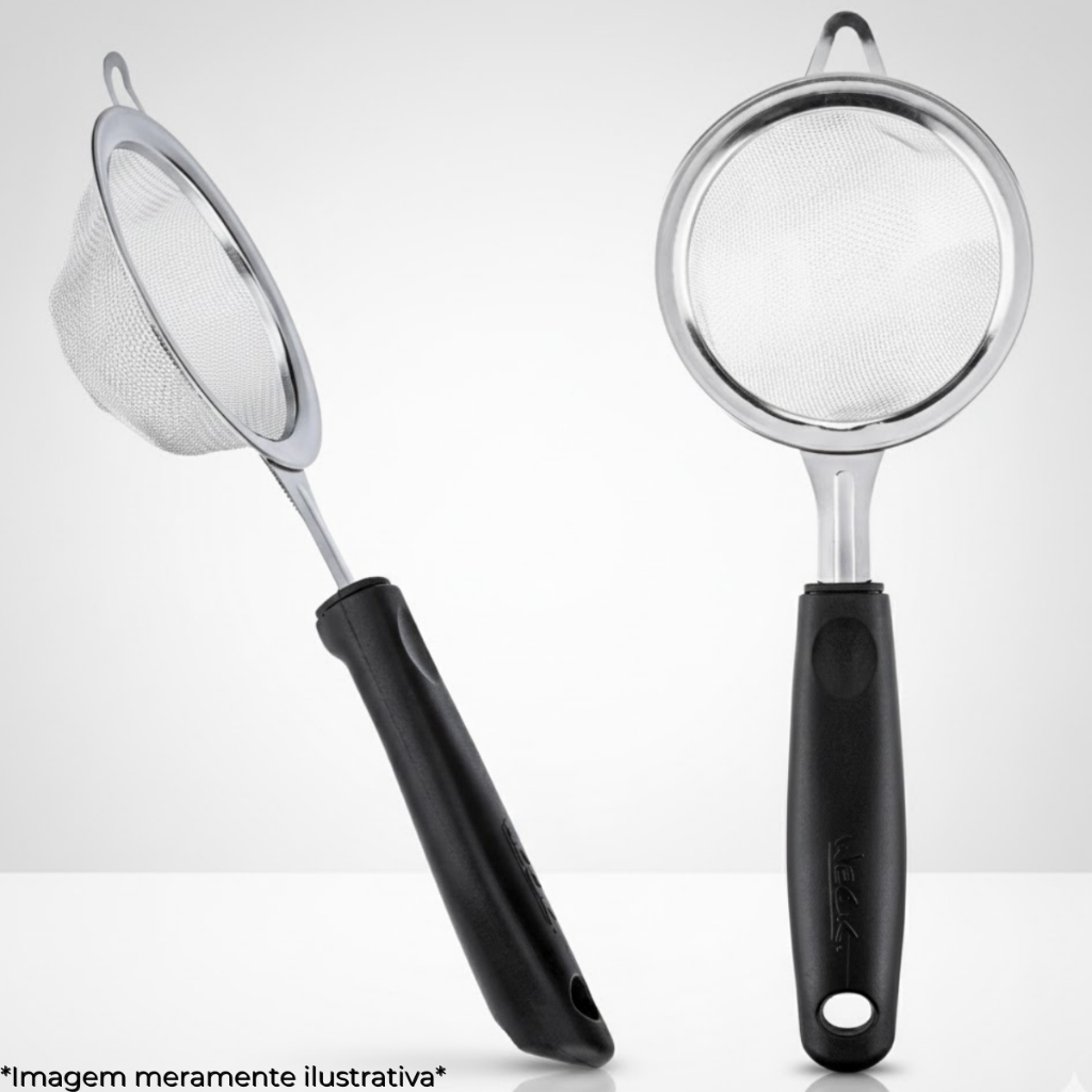 Peneira Weck Aço Inox 9cm com Cabo Preto Plástico Para Farinha Açúcar Chocolate Cozinha Prática