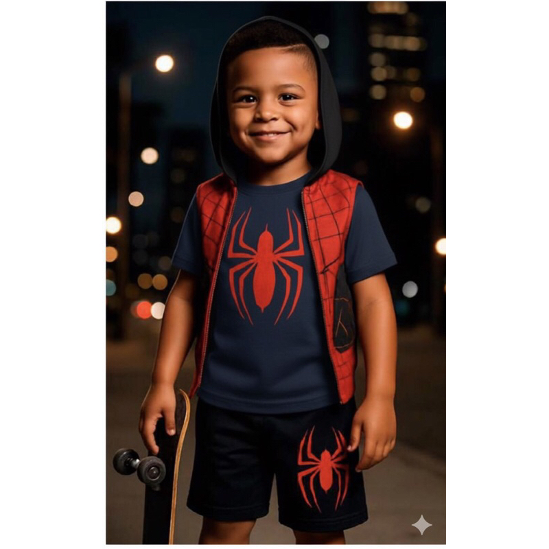 Conjunto Infantil Masculino Super-Heróis Homem-Aranha | Colete, Camiseta e Bermuda