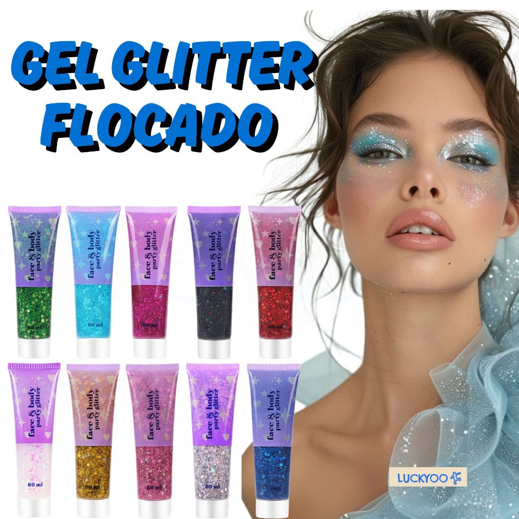 Gel Glitter Flocado Bisnaga 60ml Rosto Corpo Cabelo Maquiagem Holográfica Evento Festival Halloween Carnaval Balada Show