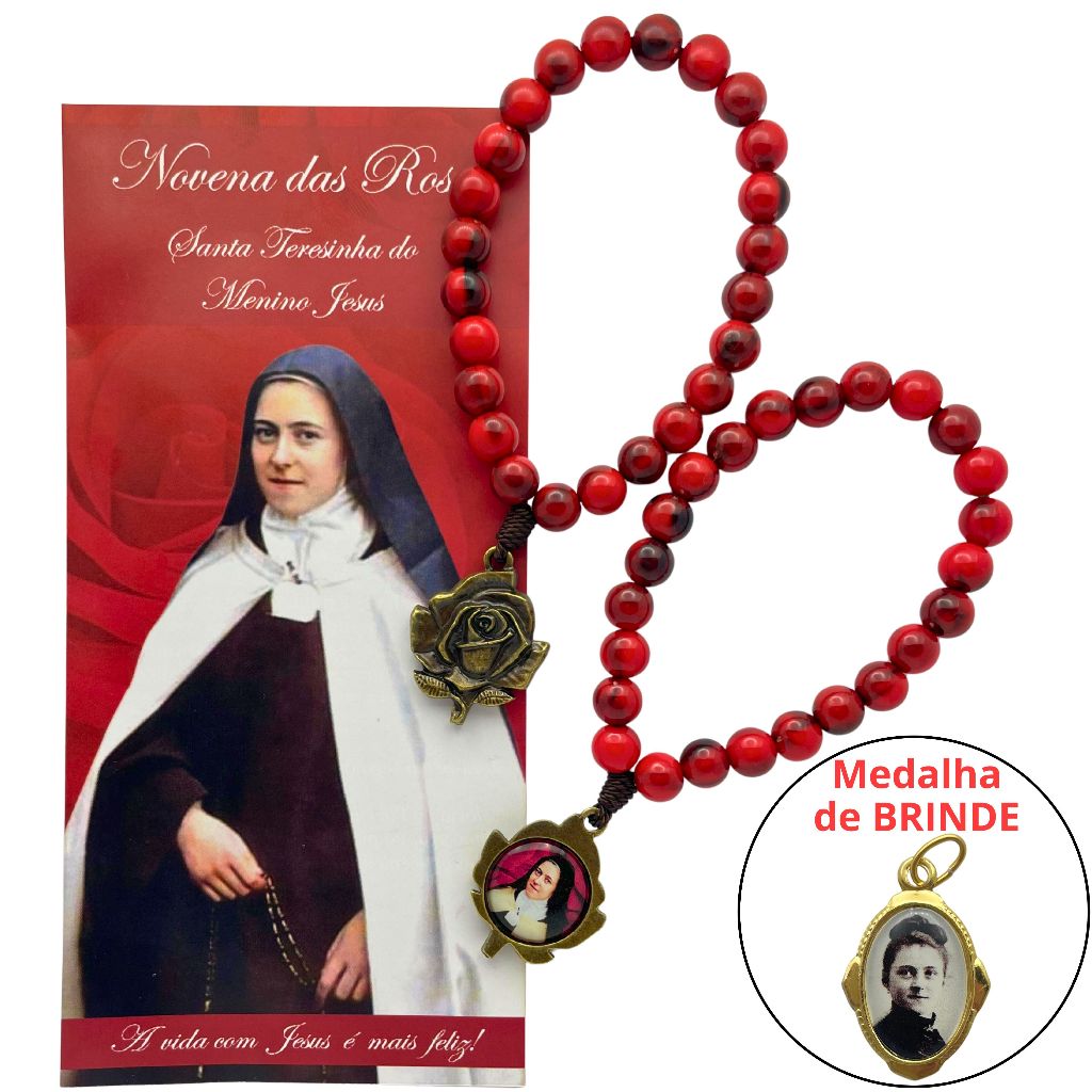 Terço Novena Das Rosas Santa Teresinha Com Folheto - Contas 8mm Vermelhas