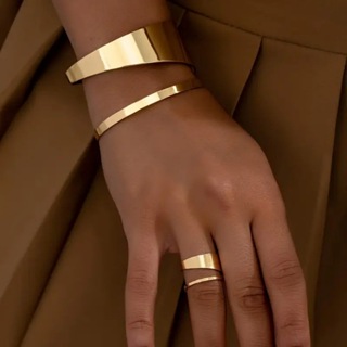 Conjunto Moderno em Aço Inoxidável – Pulseira e Anel Ajustável, Estilo Europeu Minimalista em Oferta na Shopee