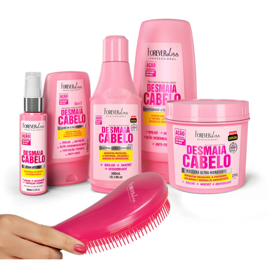 Forever Liss Kit Completo 5 Itens Desmaia Cabelo Home Care + Escova Desembaraçadora Rosa