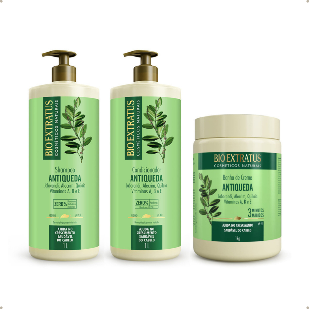 Kit Jaborandi Shampoo Condicionador Banho de Creme Jaborandi Bio Extratus 1L Antiqueda