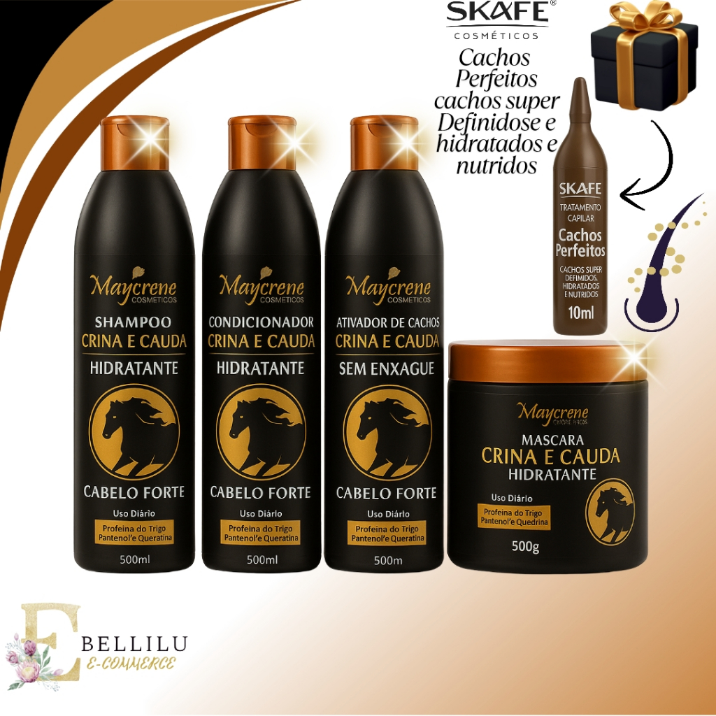 Kit crina e Cauda com ativador de cachos + ampola skafe cachos perfeitos